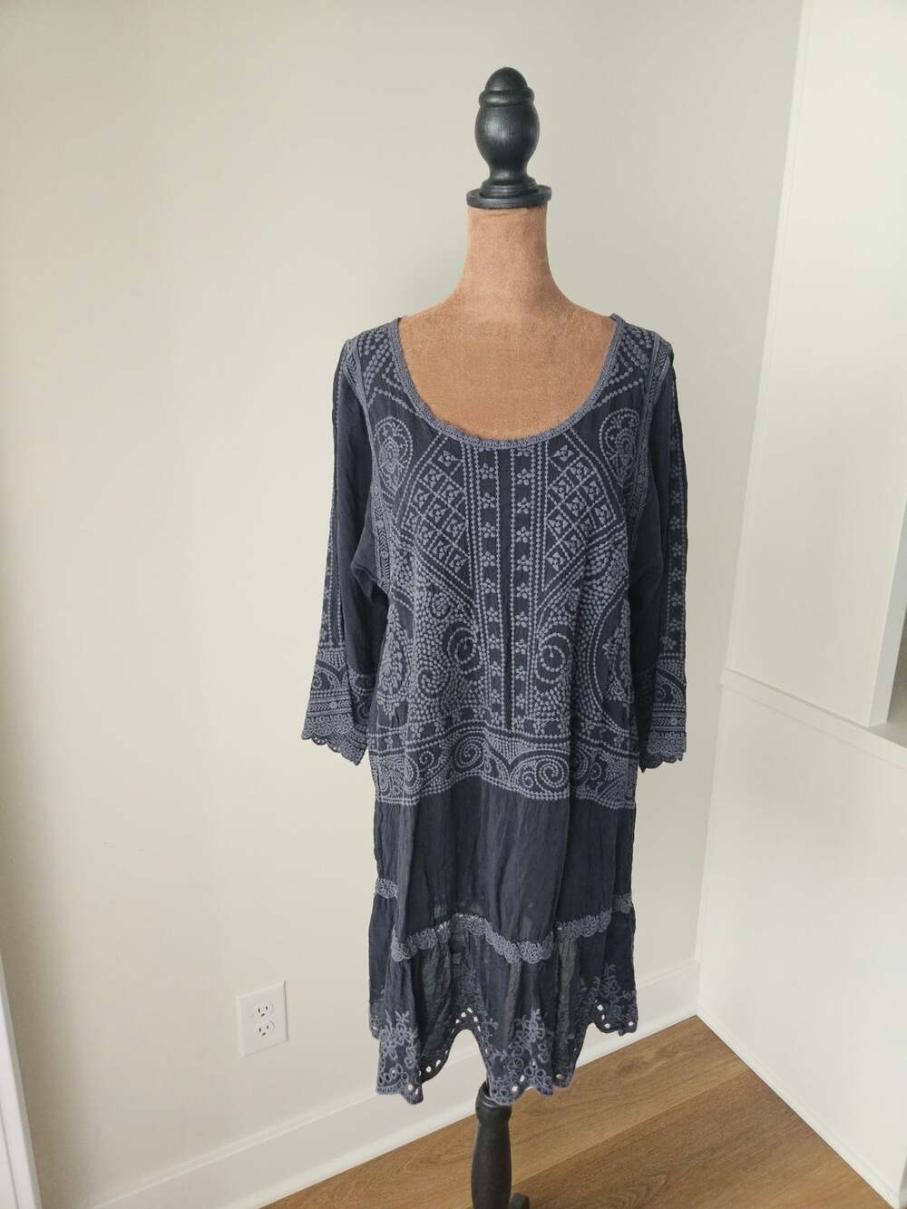 Johnny Was Medium Dark Grey Embroidered Rayon Tiered Tunic Dress Peasant Top